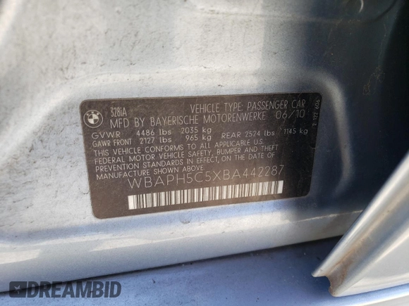 2011 BMW 3 Series 328i с VIN WBAPH5C5XBA442287, выставлен на аукционе Copart как лот 57636005 с пробегом Не указан миль и Чистый • Clean title. История ставок и продаж доступна на DreamBid. Изображение 12.