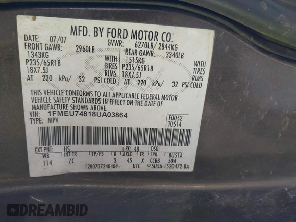 2008 Ford Explorer Eddie Bauer with VIN 1FMEU74818UA03864, listed as a IAAI auction lot 41370466 with 216,863 mi miles. Bid and sale history available at carsss.com. Image 9.
