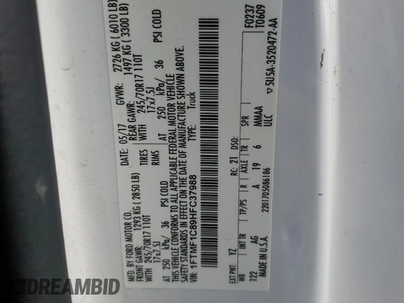 2017 Ford F-150 XL с VIN 1FTMF1C89HFC37988, выставлен на аукционе Copart как лот 62654895 с пробегом 107 035 миль миль и Списание • Salvage title. История ставок и продаж доступна на DreamBid. Изображение 13.