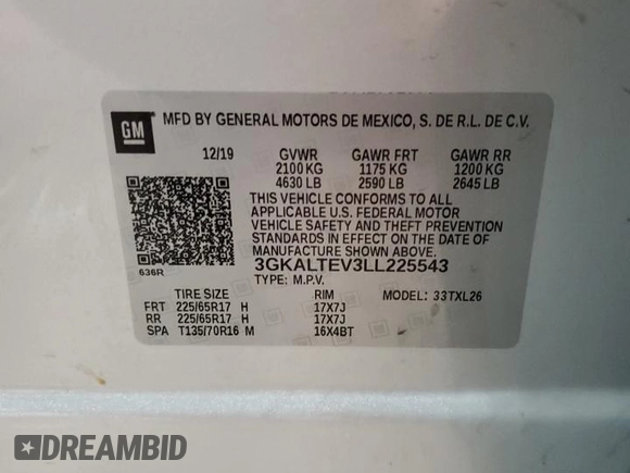 2020 GMC Terrain SLE with VIN 3GKALTEV3LL225543, listed as a Copart auction lot 59865285 with 42,001 mi miles and Salvage title. Bid and sale history available at DreamBid. Image 13.