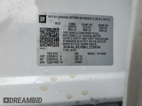 2019 GMC Terrain Denali with VIN 3GKALXEX8KL133934, listed as a Copart auction lot 58177705 with 48,105 mi miles and Salvage title. Bid and sale history available at DreamBid. Image 13.