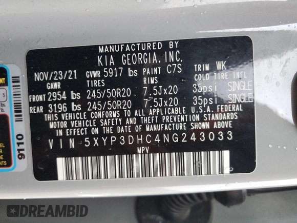 2022 Kia Telluride EX with VIN 5XYP3DHC4NG243033, listed as a Copart auction lot 49162145 with 57,665 mi miles and Salvage Title. Bid and sale history available at carsss.com. Image 12.
