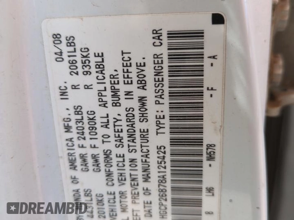 2008 Honda Accord EX-L z VIN 1HGCP26878A125425, wystawiony jako Copart lot #56971985 z przebiegiem 168 223 mil mil oraz Szkoda całkowita • Salvage title. Historia ofert i sprzedaży dostępna na DreamBid. Obrazek 12.