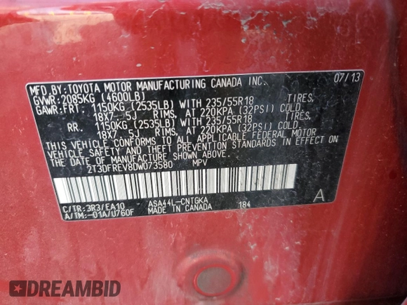2013 Toyota RAV4 Limited with VIN 2T3DFREV8DW073580, listed as a Copart auction lot 58636725 with 235,302 mi miles and Salvage title. Bid and sale history available at DreamBid. Image 13.