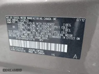 2012 Toyota RAV4 with VIN 2T3ZF4DVXCW133710, listed as a IAAI auction lot 41995336 with 125,324 mi miles. Bid and sale history available at carsss.com. Image 9.