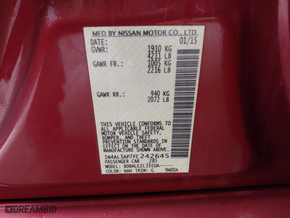 2015 Nissan Altima 2.5 with VIN 1N4AL3AP7FC242645, listed as a IAAI auction lot 41834233 with 191,725 mi miles. Bid and sale history available at carsss.com. Image 9.