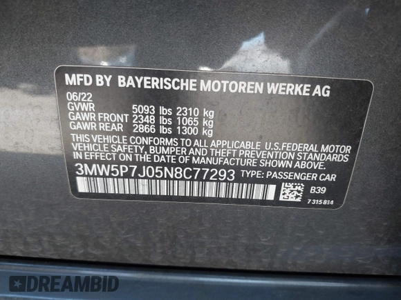 2022 BMW 3 Series 330e with VIN 3MW5P7J05N8C77293, listed as a IAAI auction lot 41322532 with 1 mi miles. Bid and sale history available at carsss.com. Image 9.