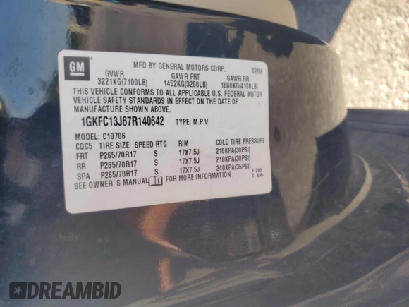 2007 GMC Yukon SLE with VIN 1GKFC13J67R140642, listed as a Copart auction lot 48748465 with 313,684 mi miles and Salvage Title. Bid and sale history available at DreamBid. Image 12.