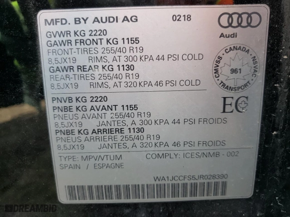 2018 Audi Q3 Premium Plus with VIN WA1JCCFS5JR028390, listed as a Copart auction lot 53043615 with 47,813 mi miles and Salvage Title. Bid and sale history available at carsss.com. Image 13.