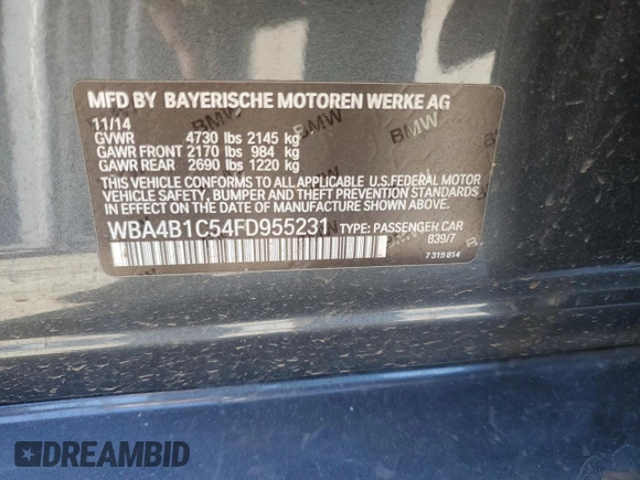 2015 BMW 4 Series 435i with VIN WBA4B1C54FD955231, listed as a Copart auction lot 89322955 with Not Provided miles and Salvage Title. Bid and sale history available at DreamBid. Image 12.