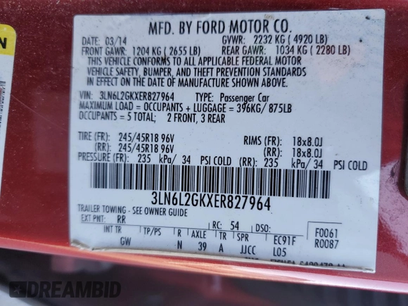 2014 Lincoln MKZ with VIN 3LN6L2GKXER827964, listed as a Copart auction lot 42044615 with 139,749 mi miles and Salvage Title. Bid and sale history available at carsss.com. Image 14.
