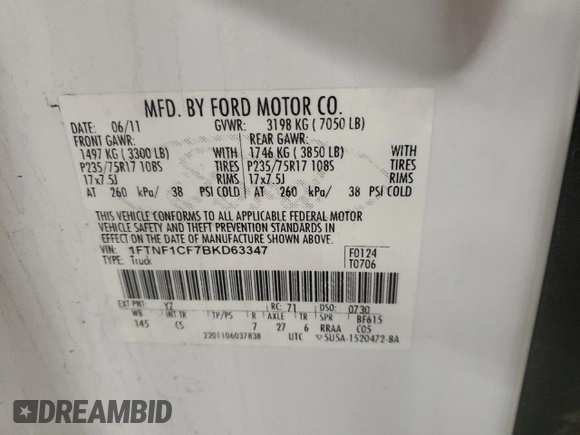 2011 Ford F-150 XL with VIN 1FTNF1CF7BKD63347, listed as a Copart auction lot 88541835 with 182,900 mi miles and Clean Title. Bid and sale history available at carsss.com. Image 12.