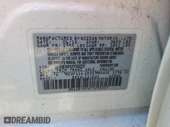 2015 Nissan Sentra SV with VIN 3N1AB7APXFY292227, listed as a Copart auction lot 52735955 with 193,244 mi miles and Salvage Title. Bid and sale history available at carsss.com. Image 12.