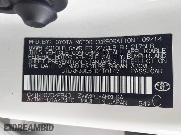 2015 Toyota Prius Four with VIN JTDKN3DU5F0410147, listed as a IAAI auction lot 42593422 with 12,537 mi miles and . Bid and sale history available at DreamBid. Image 9.