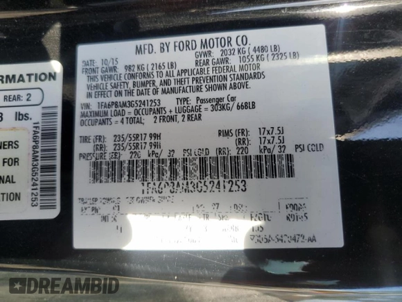 2016 Ford Mustang V6 z VIN 1FA6P8AM3G5241253, wystawiony jako Copart lot #56236235 z przebiegiem 120 010 mil mil oraz Czysty tytuł • Clean title. Historia ofert i sprzedaży dostępna na DreamBid. Obrazek 13.