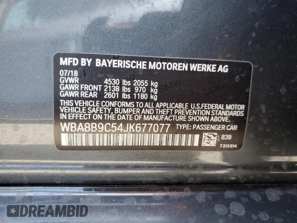2018 BMW 3 Series 330i with VIN WBA8B9C54JK677077, listed as a Copart auction lot 60683205 with 71,120 mi miles and Salvage title. Bid and sale history available at DreamBid. Image 12.