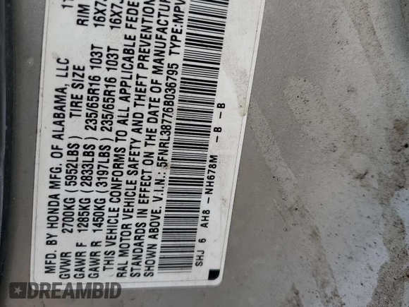 2006 Honda Odyssey EX-L with VIN 5FNRL38776B036795, listed as a Copart auction lot 53665215 with 0 mi miles and Salvage Title. Bid and sale history available at carsss.com. Image 13.