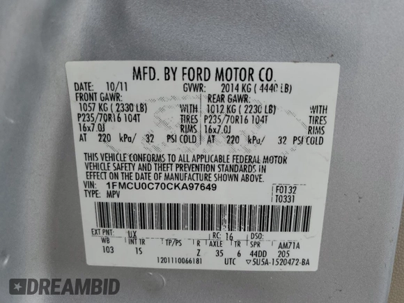2012 Ford Escape XLS with VIN 1FMCU0C70CKA97649, listed as a Copart auction lot 62630835 with 192,100 mi miles and Clean title. Bid and sale history available at DreamBid. Image 13.