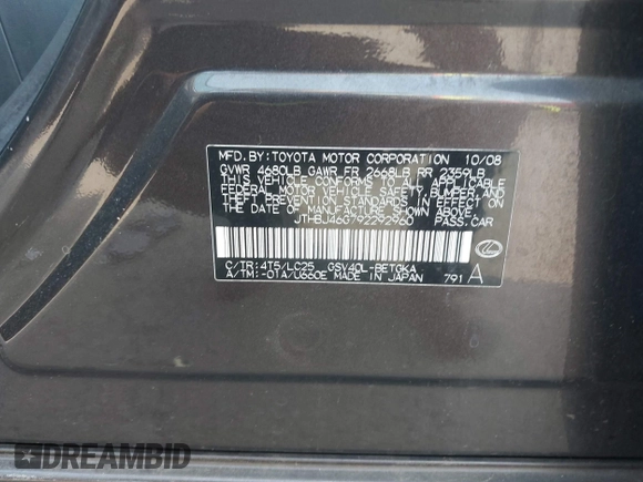 2009 Lexus ES 330 с VIN JTHBJ46G792292960, выставлен на аукционе IAAI как лот 42403009 с пробегом 110 258 миль миль и . История ставок и продаж доступна на DreamBid. Изображение 9.