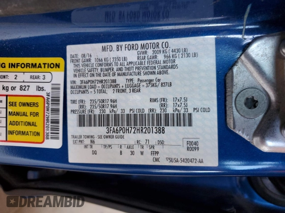 2017 Ford Fusion SE z VIN 3FA6P0H72HR201388, wystawiony jako Copart lot #57838565 z przebiegiem 89 843 mil mil oraz Szkoda całkowita • Salvage title. Historia ofert i sprzedaży dostępna na DreamBid. Obrazek 12.