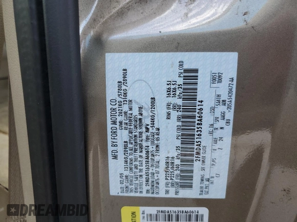 2005 Ford Freestar SE z VIN 2FMDA51635BA60614, wystawiony jako Copart lot #60058044 z przebiegiem 228 858 mil mil oraz Szkody całkowita. Historia ofert i sprzedaży dostępna na DreamBid. Obrazek 15.