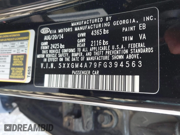 2015 Kia Optima LX with VIN 5XXGM4A79FG394563, listed as a IAAI auction lot 42077359 with 115,124 mi miles and . Bid and sale history available at DreamBid. Image 9.