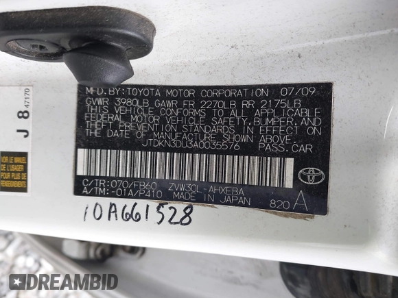 2010 Toyota Prius II with VIN JTDKN3DU3A0035576, listed as a IAAI auction lot 41788261 with 255,705 mi miles. Bid and sale history available at carsss.com. Image 9.