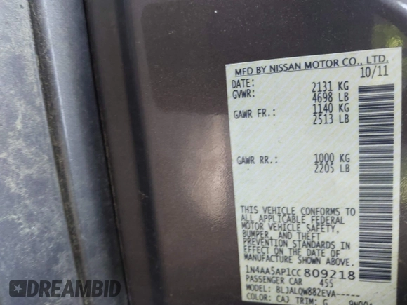 2012 Nissan Maxima S with VIN 1N4AA5AP1CC809218, listed as a IAAI auction lot 42577951 with 98,508 mi miles and . Bid and sale history available at DreamBid. Image 9.