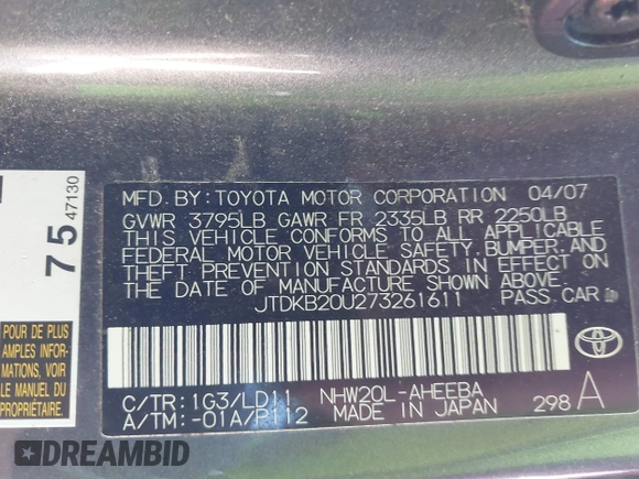 2007 Toyota Prius with VIN JTDKB20U273261611, listed as a IAAI auction lot 41440170 with 201,710 mi miles. Bid and sale history available at carsss.com. Image 9.