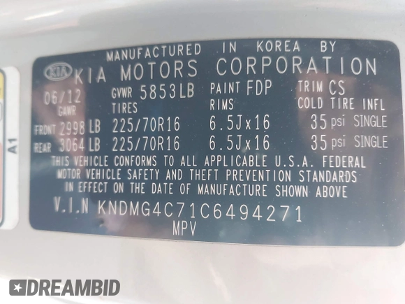 2012 Kia Sedona LX with VIN KNDMG4C71C6494271, listed as a IAAI auction lot 42194375 with 96,404 mi miles and . Bid and sale history available at DreamBid. Image 9.