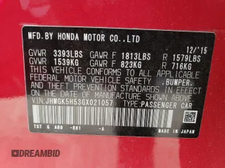 2016 Honda Fit LX with VIN JHMGK5H53GX021057, listed as a Copart auction lot 52970725 with 38,181 mi miles and Salvage title. Bid and sale history available at DreamBid. Image 12.