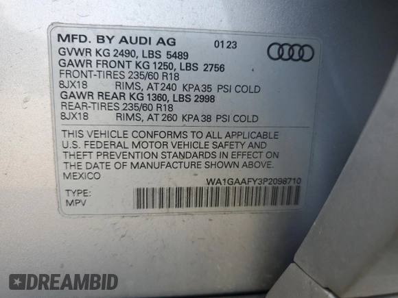 2023 Audi Q5 S line Premium with VIN WA1GAAFY3P2098710, listed as a Copart auction lot 49141035 with 24,303 mi miles and Salvage title. Bid and sale history available at DreamBid. Image 13.