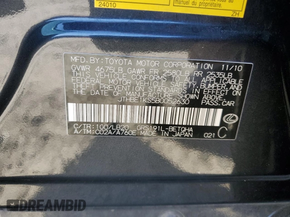 2011 Lexus GS 350 z VIN JTHBE1KS5B0052630, wystawiony jako Copart lot #46301635 z przebiegiem 172 658 mil mil oraz Szkoda całkowita • Salvage title. Historia ofert i sprzedaży dostępna na DreamBid. Obrazek 12.