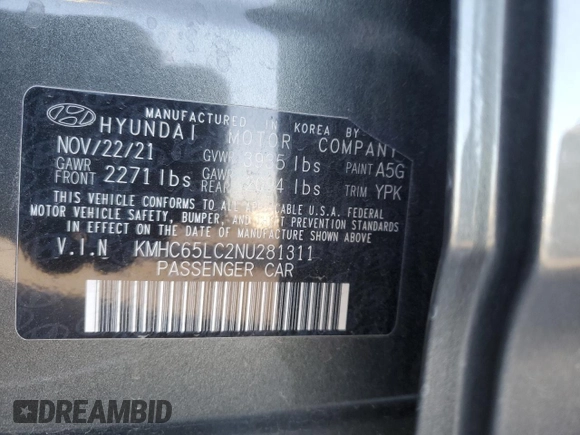 2022 Hyundai Ioniq Blue with VIN KMHC65LC2NU281311, listed as a Copart auction lot 44138945 with 58,466 mi miles and Salvage title. Bid and sale history available at DreamBid. Image 13.