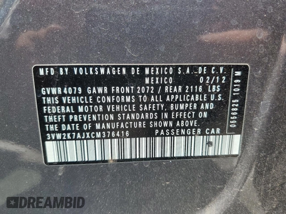 2012 Volkswagen Jetta S with VIN 3VW2K7AJXCM376416, listed as a Copart auction lot 56634835 with 112,086 mi miles and Salvage title. Bid and sale history available at DreamBid. Image 12.