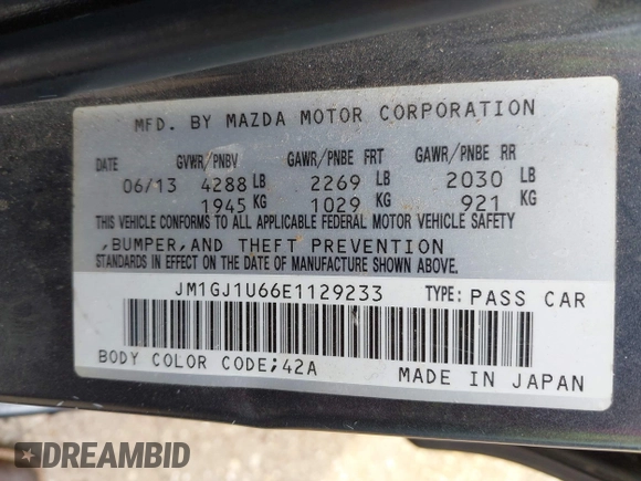 2014 Mazda 6 i Sport with VIN JM1GJ1U66E1129233, listed as a IAAI auction lot 42045330 with 195,071 mi miles and . Bid and sale history available at carsss.com. Image 9.
