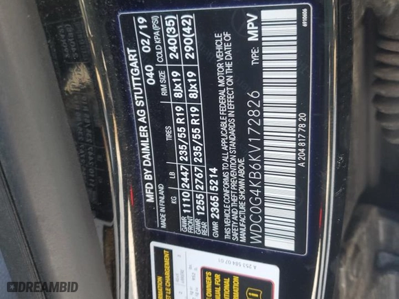 2019 Mercedes-Benz GLC with VIN WDC0G4KB6KV172826, listed as a Copart auction lot 87826125 with NaN miles and Salvage Title. Bid and sale history available at carsss.com. Image 12.