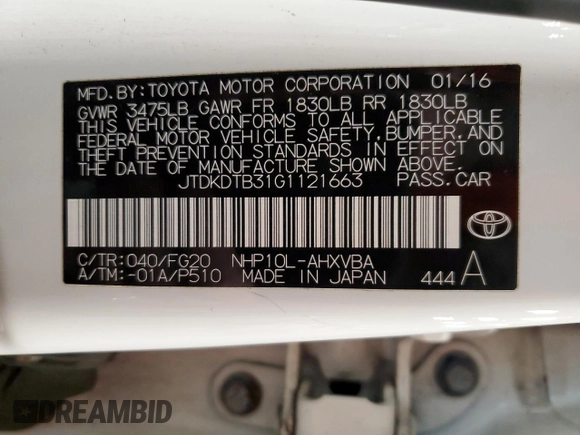 2016 Toyota Prius One with VIN JTDKDTB31G1121663, listed as a Copart auction lot 52901215 with 117,970 mi miles and Clean Title. Bid and sale history available at DreamBid. Image 13.