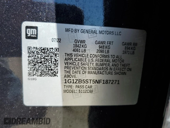 2022 Chevrolet Malibu LS with VIN 1G1ZB5ST5NF187271, listed as a Copart auction lot 46413795 with 45,832 mi miles and Salvage Title. Bid and sale history available at DreamBid. Image 12.