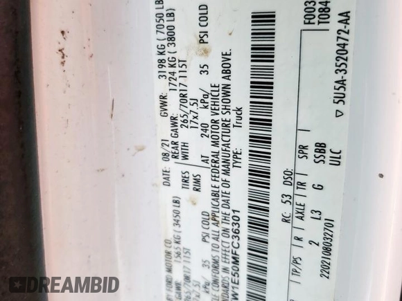 2021 Ford F-150 XL с VIN 1FTFW1E50MFC36301, выставлен на аукционе Copart как лот 57494595 с пробегом 119 247 миль миль и Списание • Salvage title. История ставок и продаж доступна на DreamBid. Изображение 12.