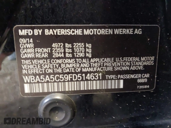 2015 BMW 5 Series 528i с VIN WBA5A5C59FD514631, выставлен на аукционе IAAI как лот 42379425 с пробегом 189 327 миль миль и . История ставок и продаж доступна на DreamBid. Изображение 9.