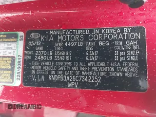 2012 Kia Sportage LX with VIN KNDPB3A26C7342252, listed as a IAAI auction lot 41558546 with 1 mi miles. Bid and sale history available at carsss.com. Image 9.