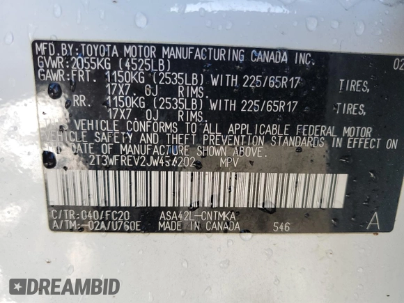 2018 Toyota RAV4 XLE with VIN 2T3WFREV2JW454202, listed as a Copart auction lot 41599855 with 144,442 mi miles and Salvage title. Bid and sale history available at DreamBid. Image 13.