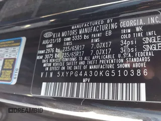 2019 Kia Sorento LX z VIN 5XYPG4A30KG510386, wystawiony jako IAAI lot #42425902 z przebiegiem 78 192 mil mil oraz . Historia ofert i sprzedaży dostępna na DreamBid. Obrazek 9.