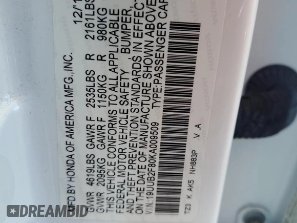 2019 Acura TLX Advance with VIN 19UUB2F80KA009509, listed as a Copart auction lot 48239715 with 44,567 mi miles and Salvage title. Bid and sale history available at DreamBid. Image 12.