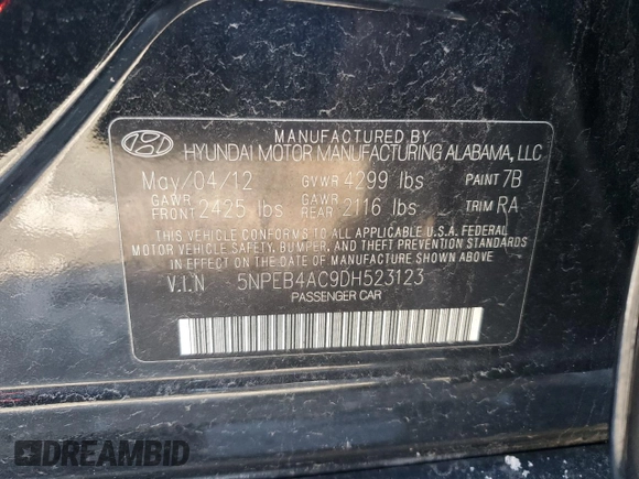 2013 Hyundai Sonata GLS with VIN 5NPEB4AC9DH523123, listed as a Copart auction lot 82388744 with 121,369 mi miles and Clean Title. Bid and sale history available at carsss.com. Image 12.