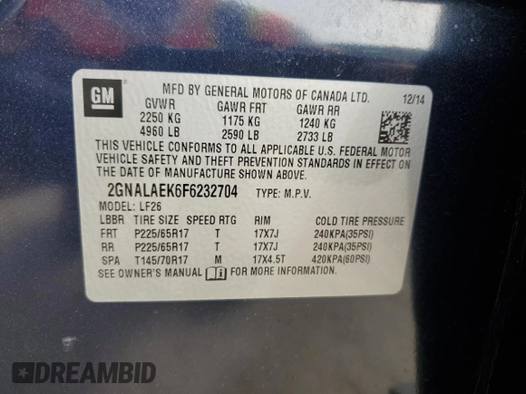 2015 Chevrolet Equinox LS with VIN 2GNALAEK6F6232704, listed as a Copart auction lot 51797045 with 106,615 mi miles and Salvage Title. Bid and sale history available at DreamBid. Image 13.