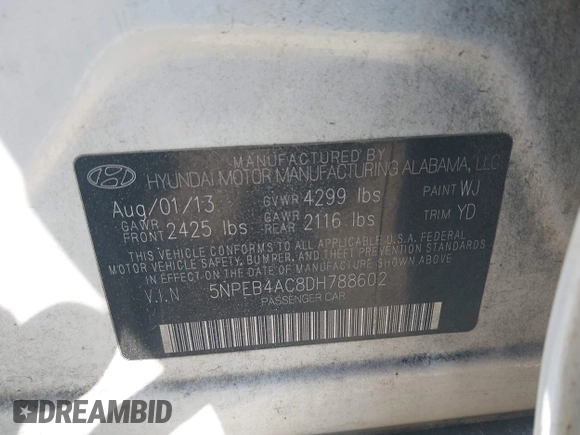 2013 Hyundai Sonata GLS with VIN 5NPEB4AC8DH788602, listed as a IAAI auction lot 42082200 with 213,747 mi miles and . Bid and sale history available at carsss.com. Image 9.