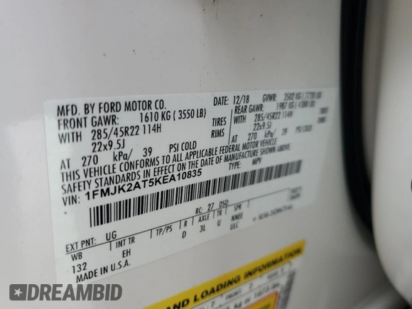 2019 Ford Expedition Max Limited с VIN 1FMJK2AT5KEA10835, выставлен на аукционе Copart как лот 58544805 с пробегом 108 805 миль миль и Списание • Salvage title. История ставок и продаж доступна на DreamBid. Изображение 13.