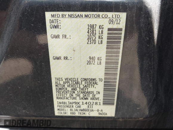 2013 Nissan Altima SL with VIN 1N4BL3AP9DC140281, listed as a IAAI auction lot 42625613 with 158,023 mi miles and . Bid and sale history available at DreamBid. Image 9.